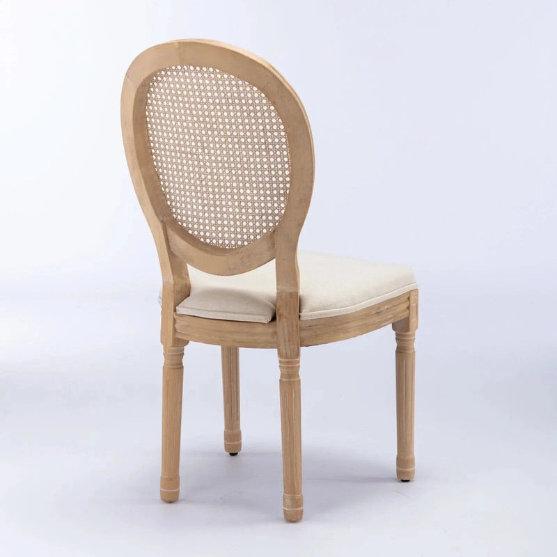 Dining Chair Solid Wood Frame & Rattan Back Linen Seat French Style Set 2