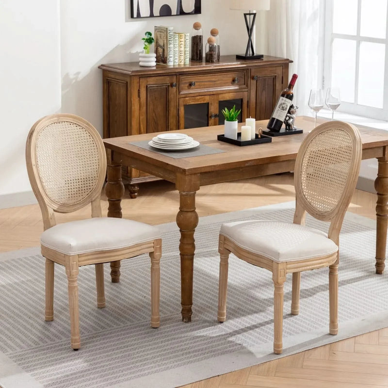 Dining Chair Solid Wood Frame & Rattan Back Linen Seat French Style Set 2