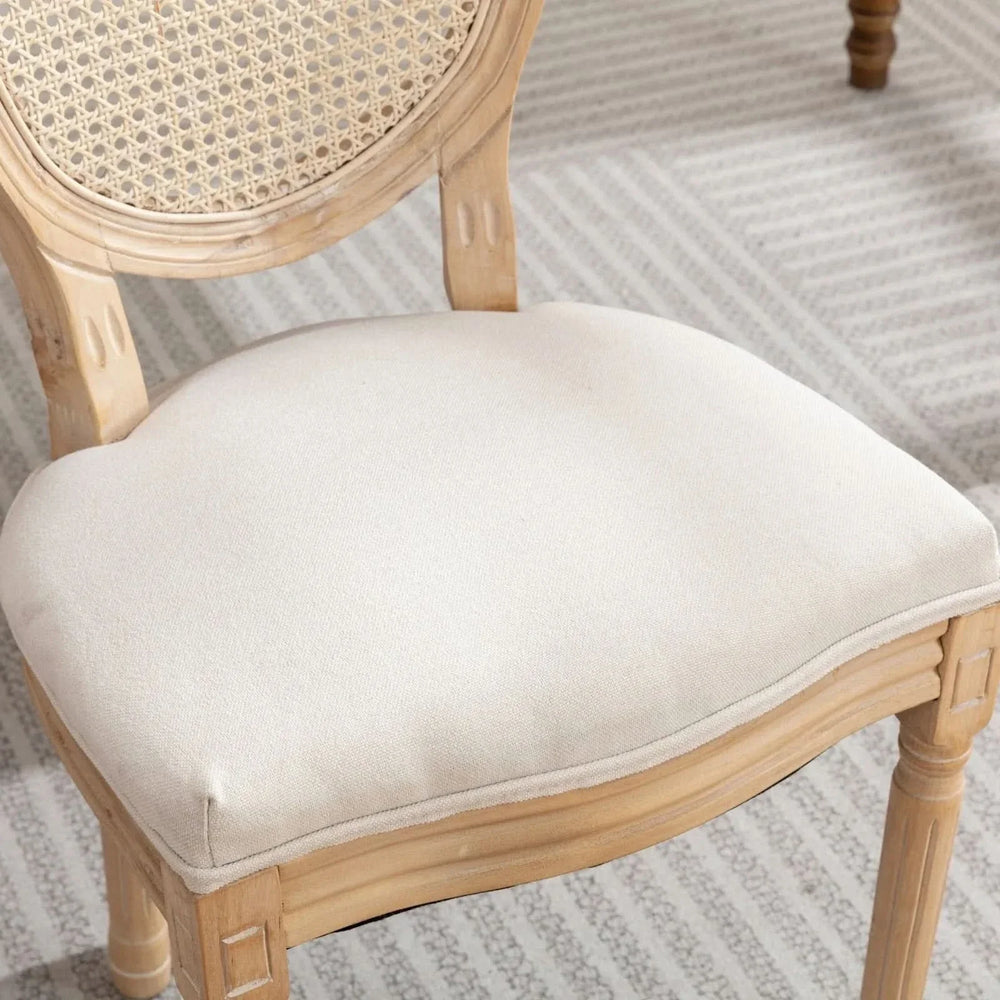 Dining Chair Solid Wood Frame & Rattan Back Linen Seat French Style Set 2 Media 9