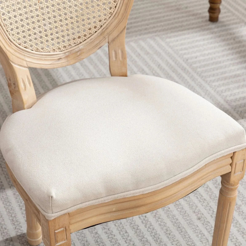 Dining Chair Solid Wood Frame & Rattan Back Linen Seat French Style Set 2