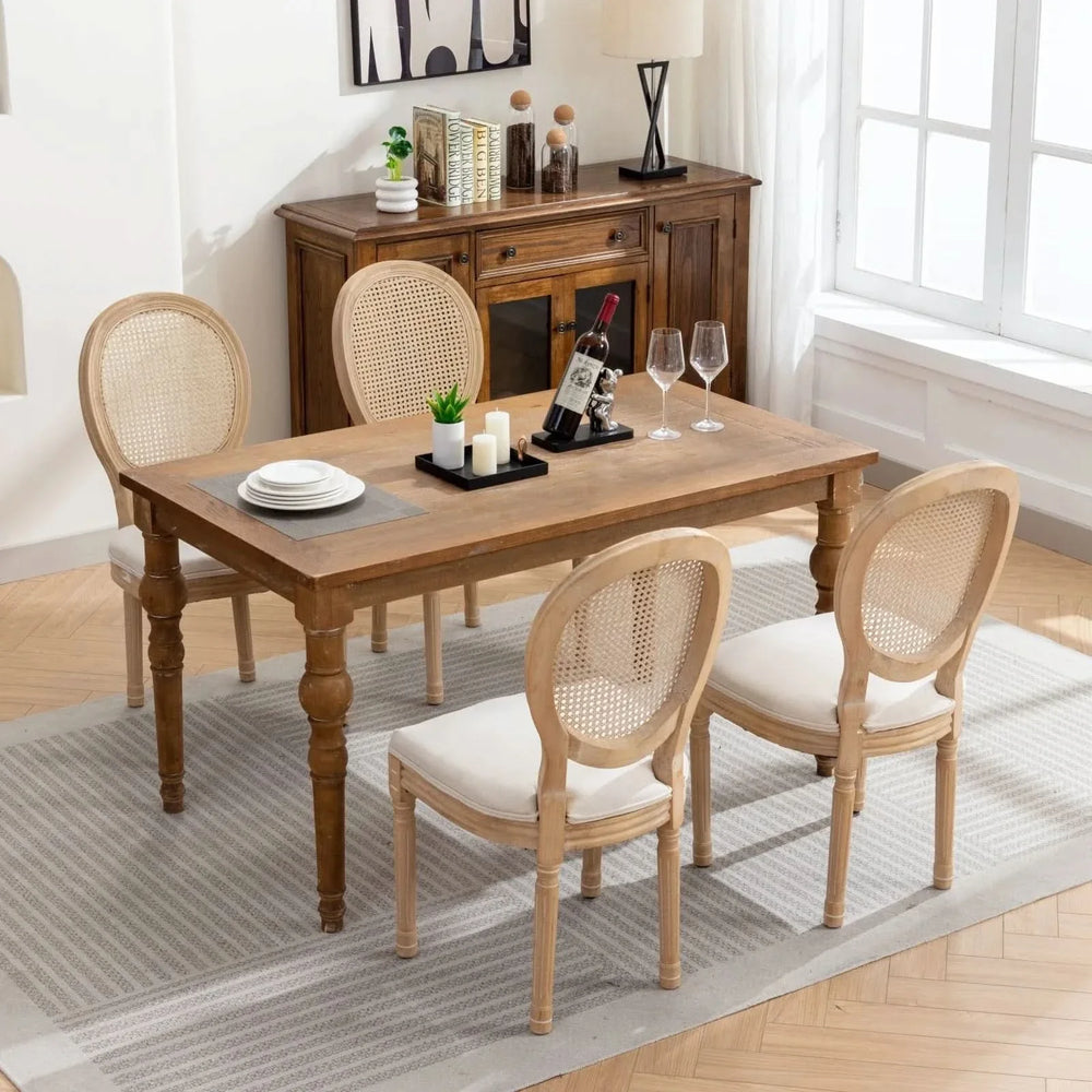 Dining Chair Solid Wood Frame & Rattan Back Linen Seat French Style Set 2 Media 12