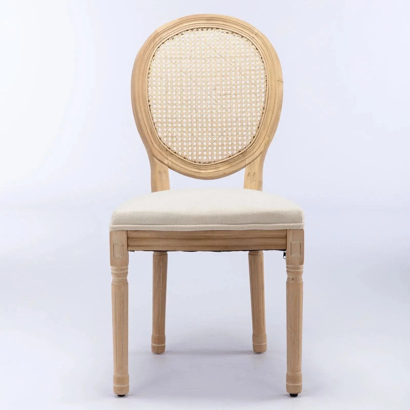 Dining Chair Solid Wood Frame & Rattan Back Linen Seat French Style Set 2