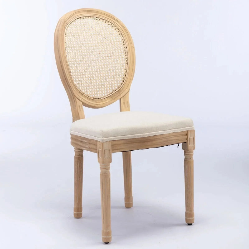 Dining Chair Solid Wood Frame & Rattan Back Linen Seat French Style Set 2