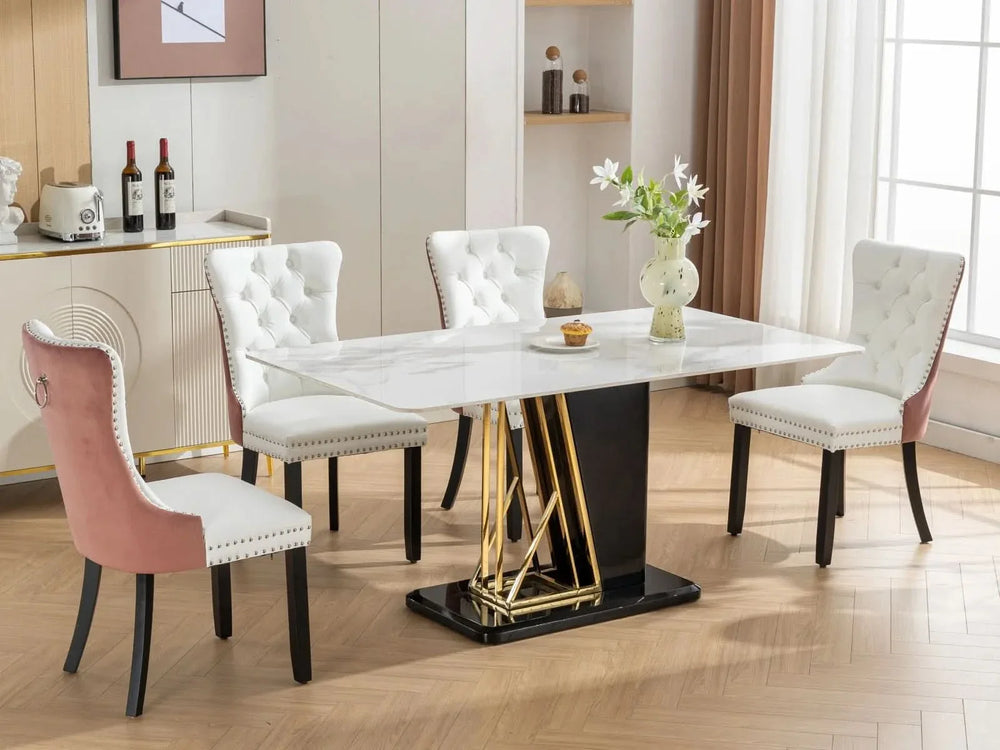 Dining Chairs White PU & Pink Velvet Tufted Nailhead Trim Wood Legs Set Of 2 Media 20