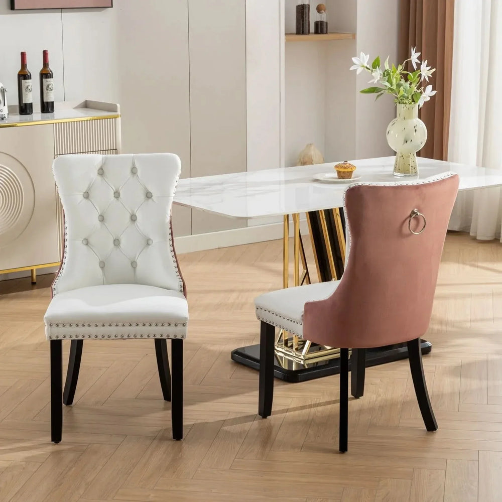 Dining Chairs White PU & Pink Velvet Tufted Nailhead Trim Wood Legs Set Of 2 Media 14