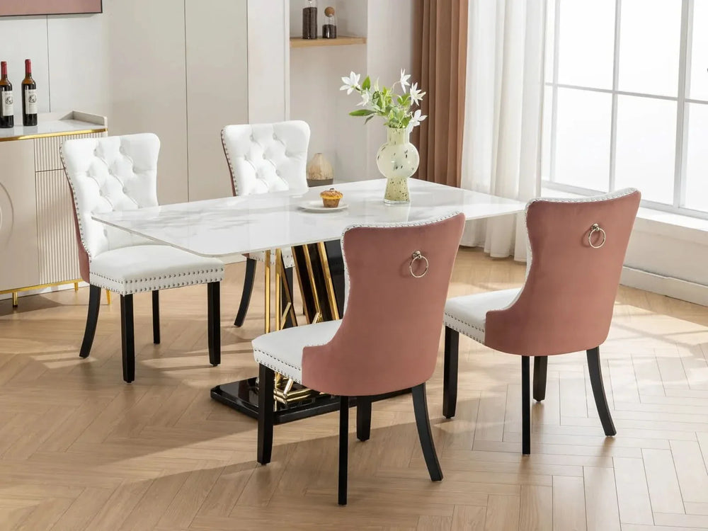 Dining Chairs White PU & Pink Velvet Tufted Nailhead Trim Wood Legs Set Of 2 Media 21