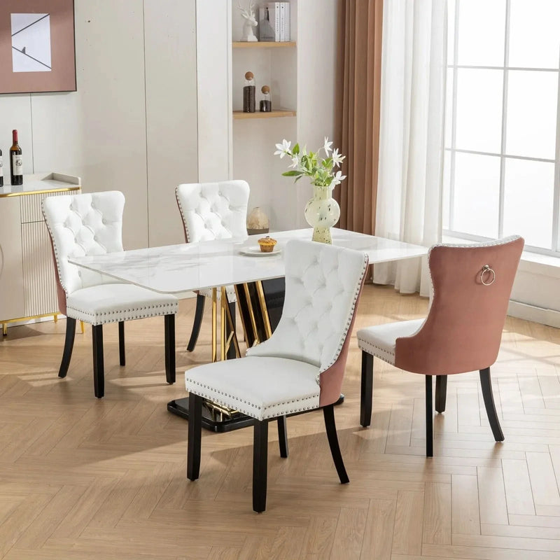 Dining Chairs White PU & Pink Velvet Tufted Nailhead Trim Wood Legs Set Of 2
