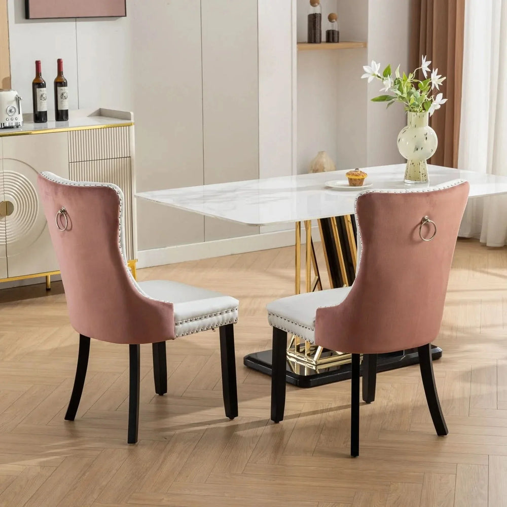 Dining Chairs White PU & Pink Velvet Tufted Nailhead Trim Wood Legs Set Of 2 Media 18