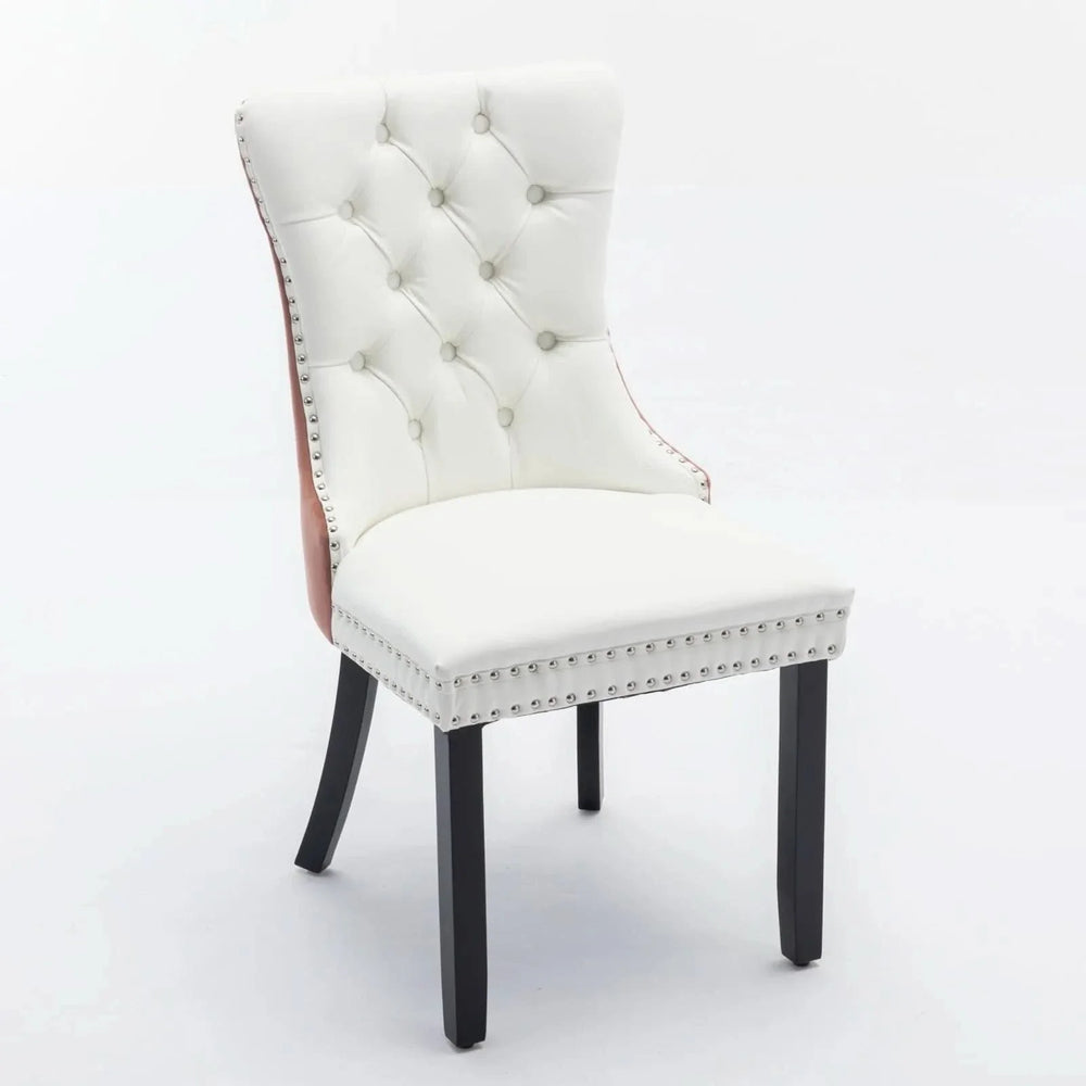 Dining Chairs White PU & Pink Velvet Tufted Nailhead Trim Wood Legs Set Of 2 Media 4