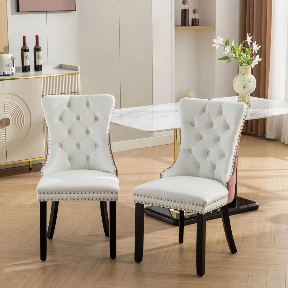 Dining Chairs White PU & Pink Velvet Tufted Nailhead Trim Wood Legs Set Of 2 Media 15