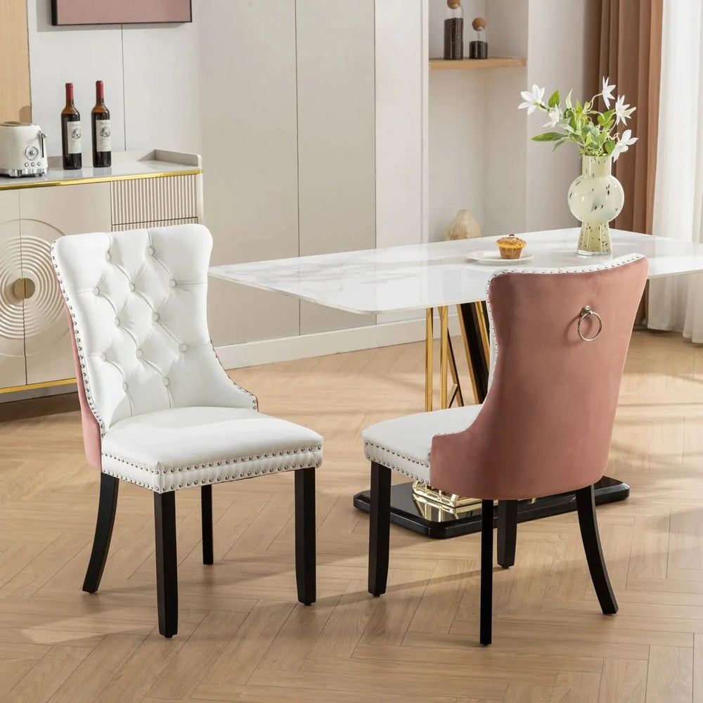 Dining Chairs White PU & Pink Velvet Tufted Nailhead Trim Wood Legs Set Of 2 Media 1