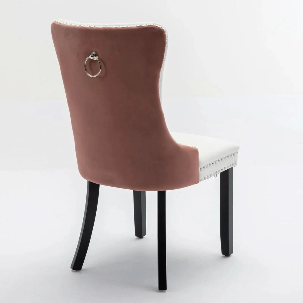 Dining Chairs White PU & Pink Velvet Tufted Nailhead Trim Wood Legs Set Of 2 Media 6
