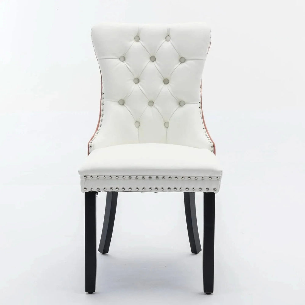 Dining Chairs White PU & Pink Velvet Tufted Nailhead Trim Wood Legs Set Of 2 Media 2