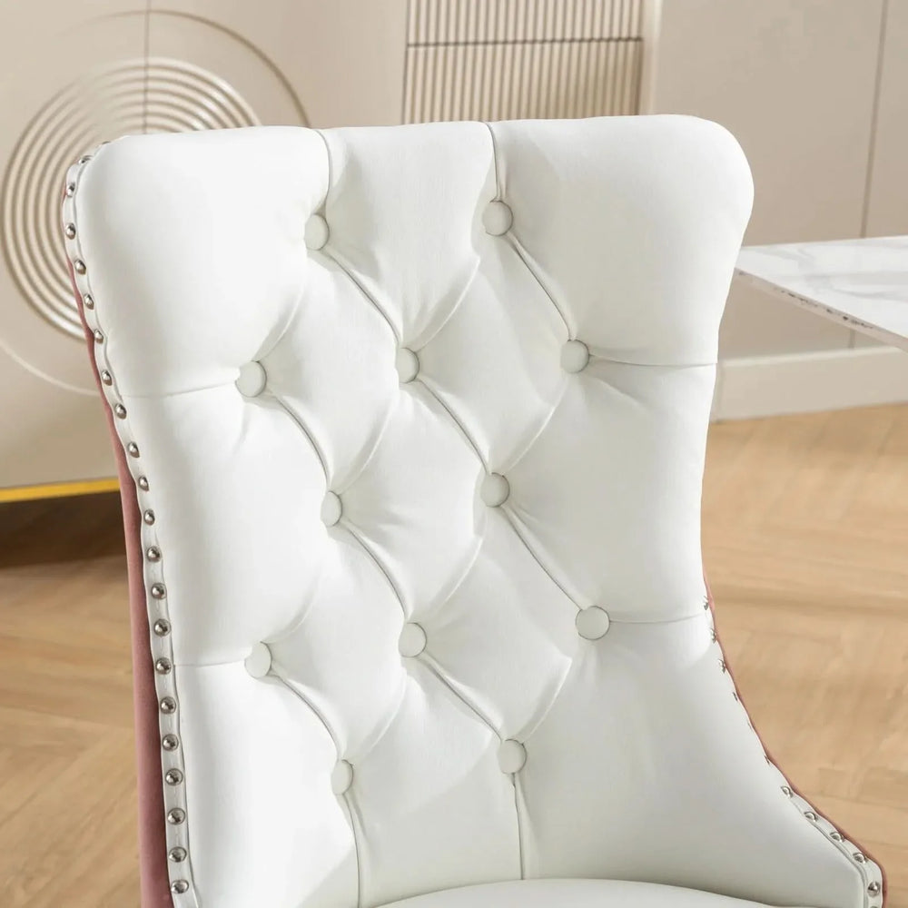 Dining Chairs White PU & Pink Velvet Tufted Nailhead Trim Wood Legs Set Of 2 Media 9