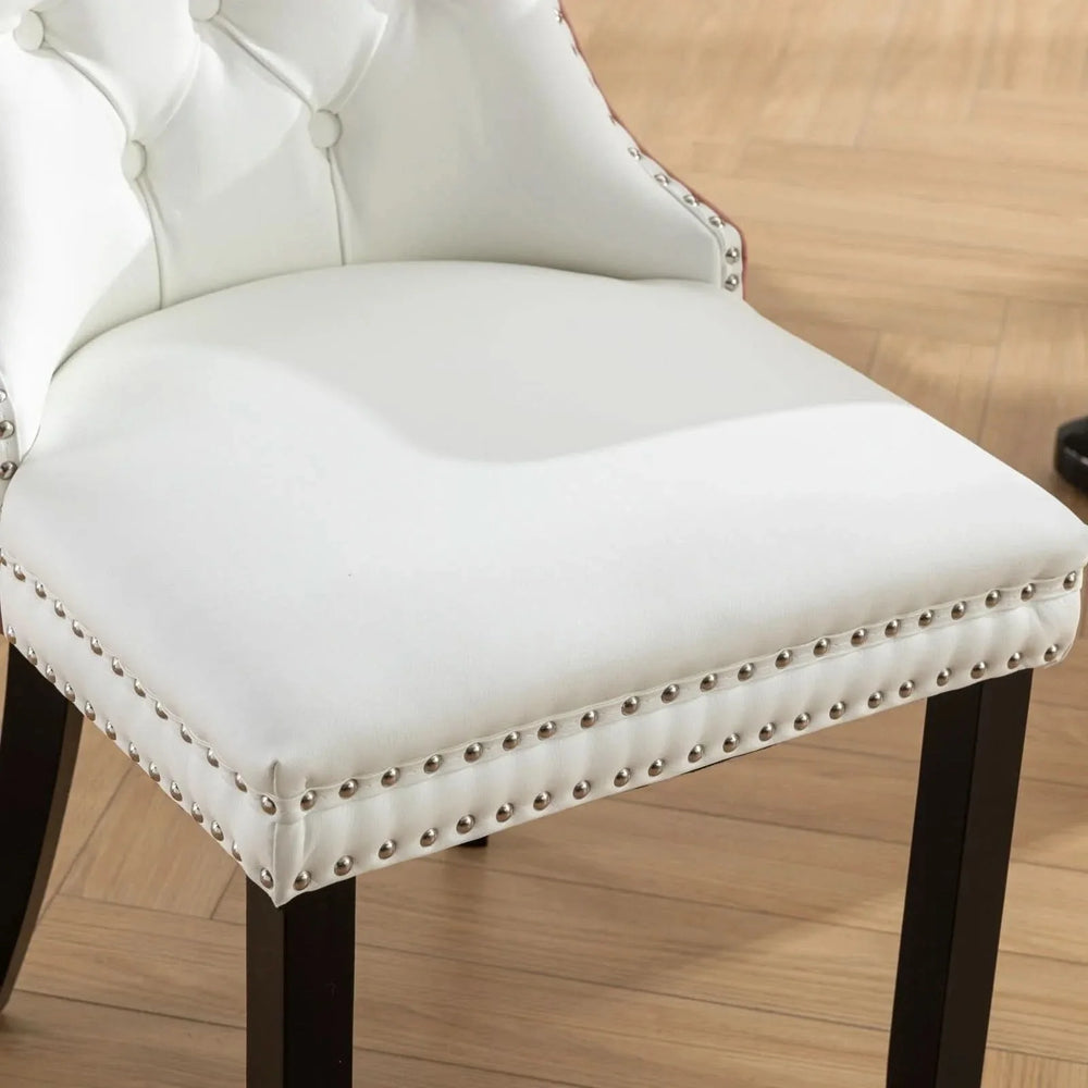 Dining Chairs White PU & Pink Velvet Tufted Nailhead Trim Wood Legs Set Of 2 Media 12