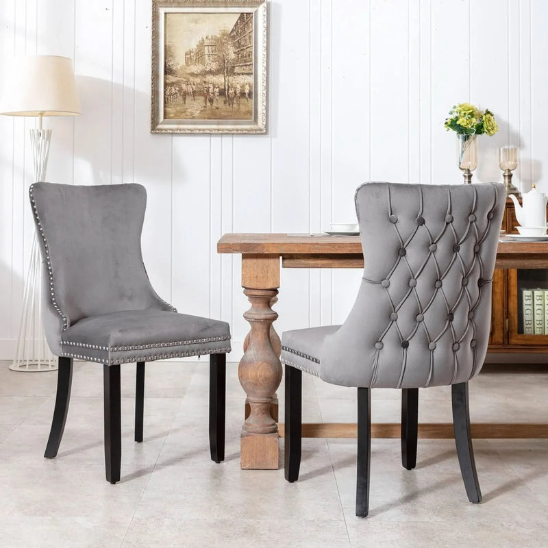 Wing Back Dining Chair Velvet Upholstery Nailhead Trim & Solid Wood Legs