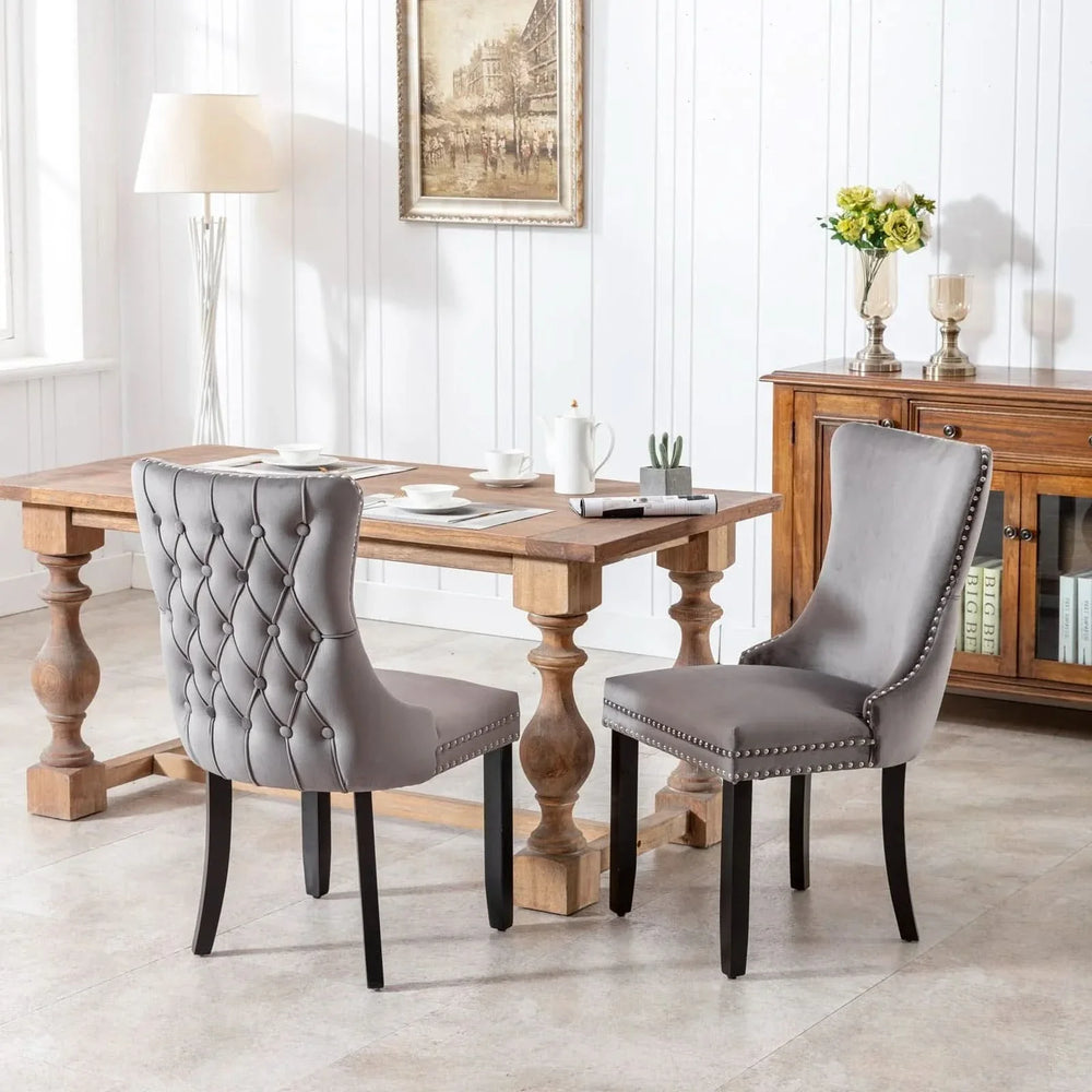 Wing Back Dining Chair Velvet Upholstery Nailhead Trim & Solid Wood Legs Media 10