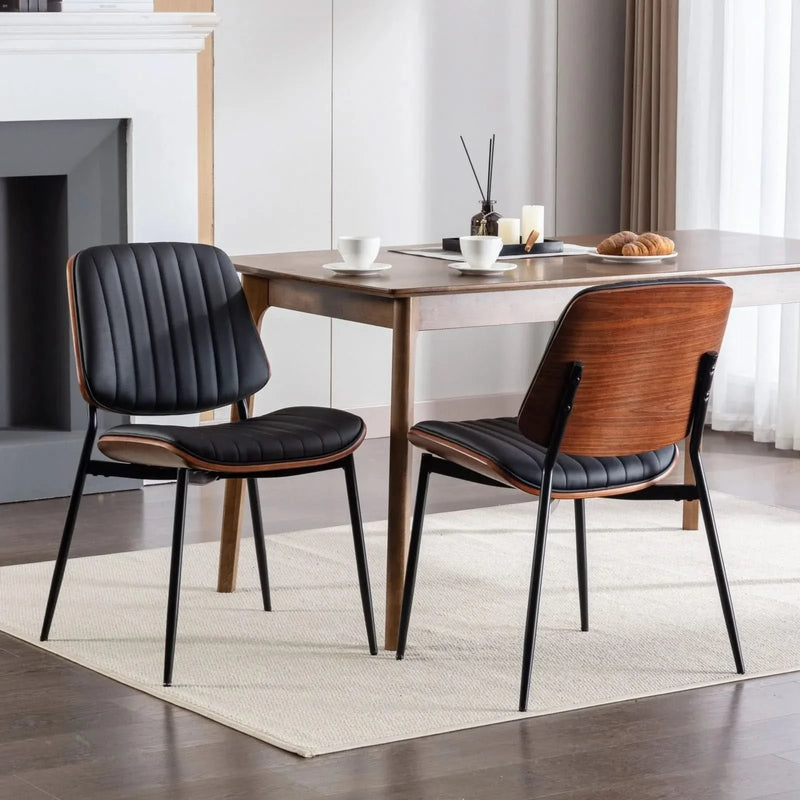 Mid Century Dining Chairs PU Leather Black Walnut Bentwood Back 2-Pack