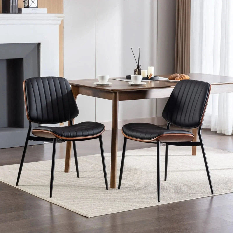 Mid Century Dining Chairs PU Leather Black Walnut Bentwood Back 2-Pack