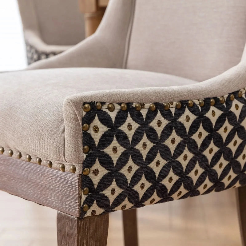 Dining Chairs Fabric Patterned Upholstery With Rubberwood Legs & Nail Heads