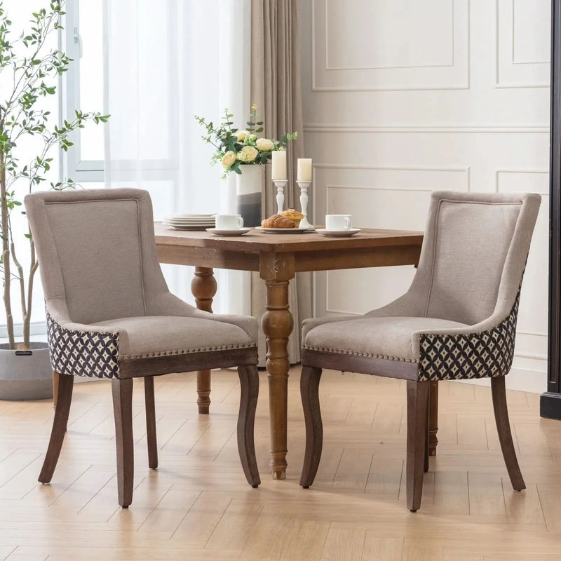 Dining Chairs Fabric Patterned Upholstery With Rubberwood Legs & Nail Heads