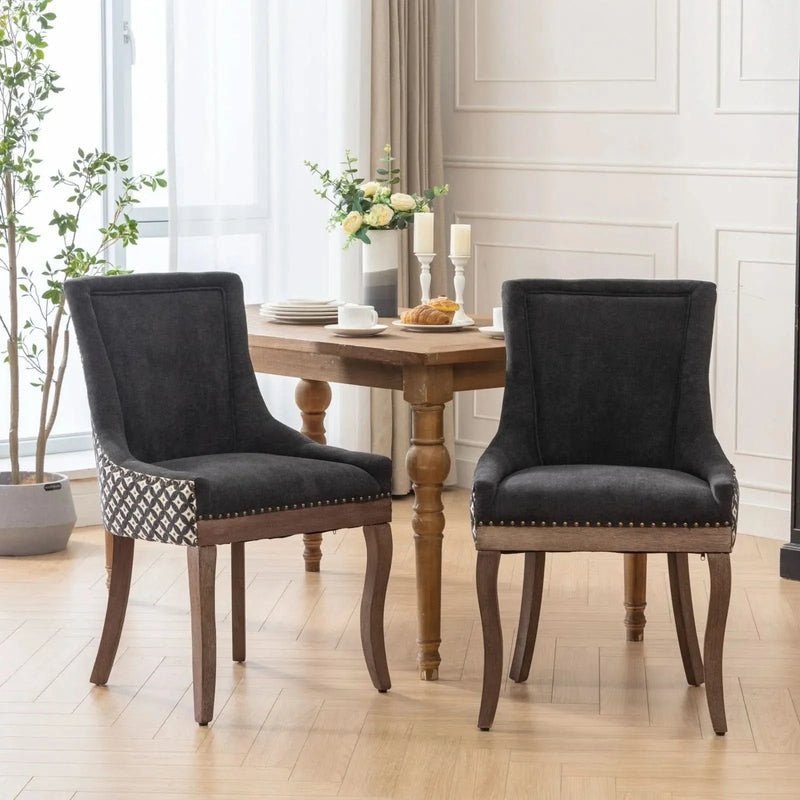Dining Chair Blue Fabric Set of 2 with Solid Wood Legs & Nailhead Trim