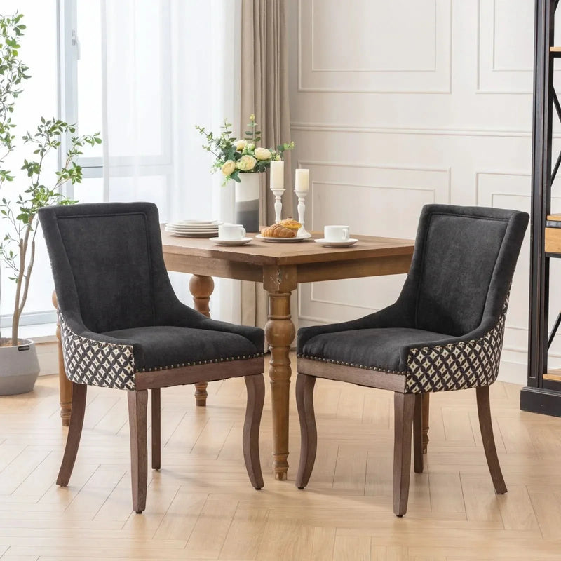Dining Chair Blue Fabric Set of 2 with Solid Wood Legs & Nailhead Trim