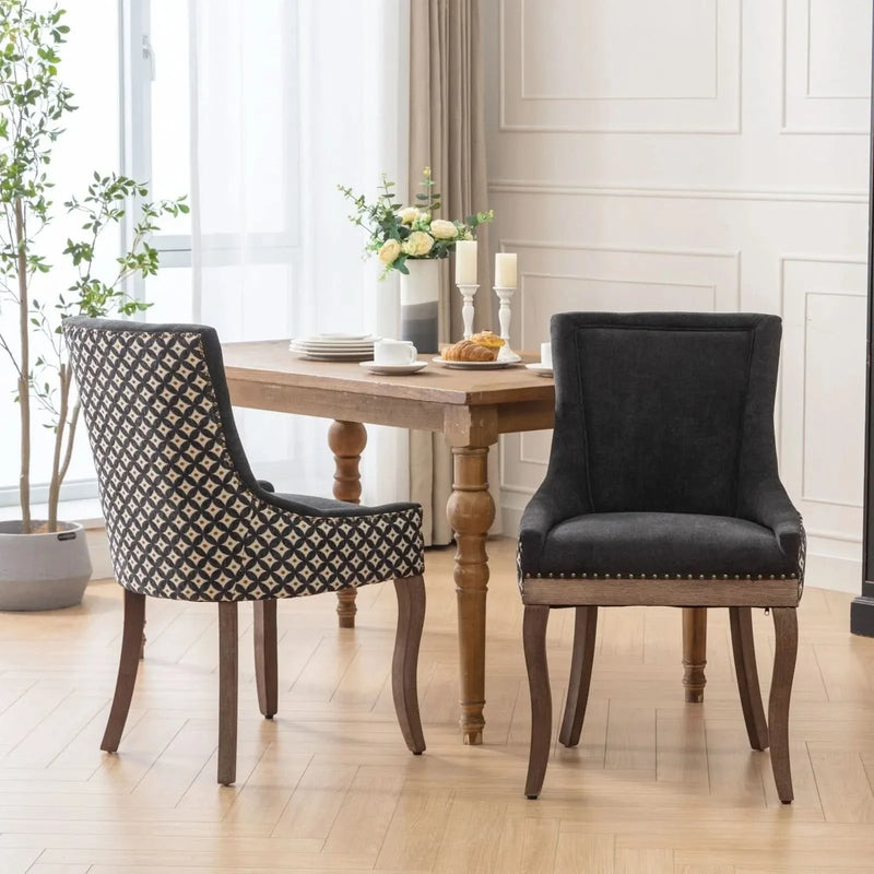 Dining Chair Blue Fabric Set of 2 with Solid Wood Legs & Nailhead Trim
