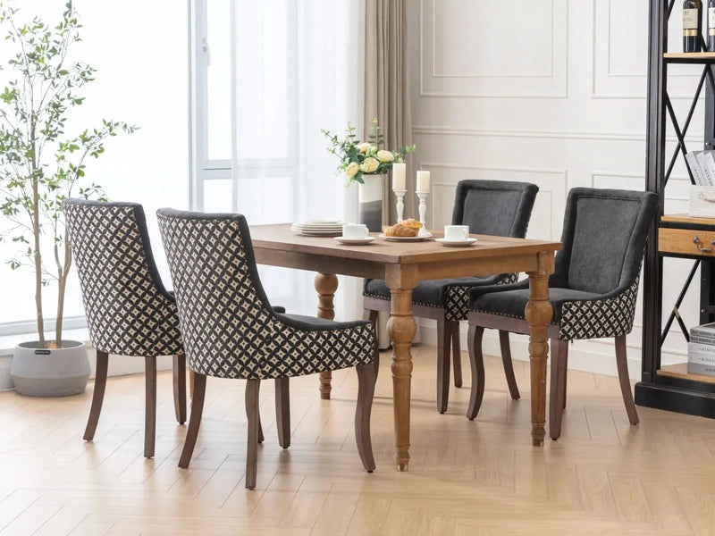 Dining Chair Blue Fabric Set of 2 with Solid Wood Legs & Nailhead Trim