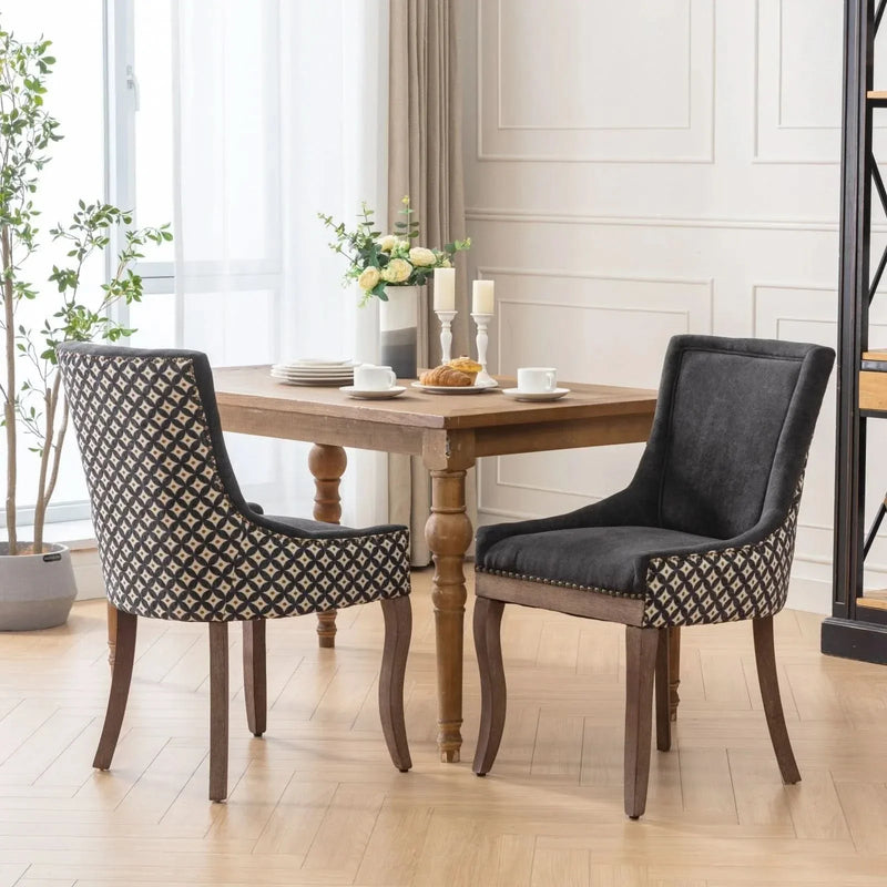 Dining Chair Blue Fabric Set of 2 with Solid Wood Legs & Nailhead Trim