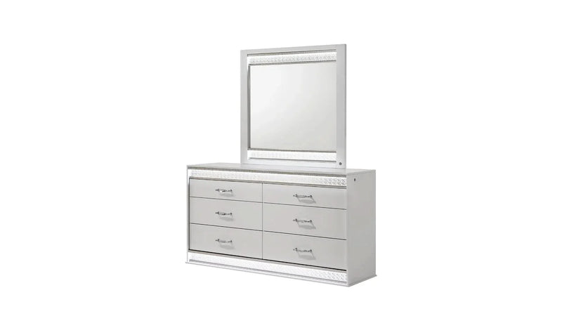 Queen Bedroom Set Wood & White LED Headboard 4-Piece Modern Finish