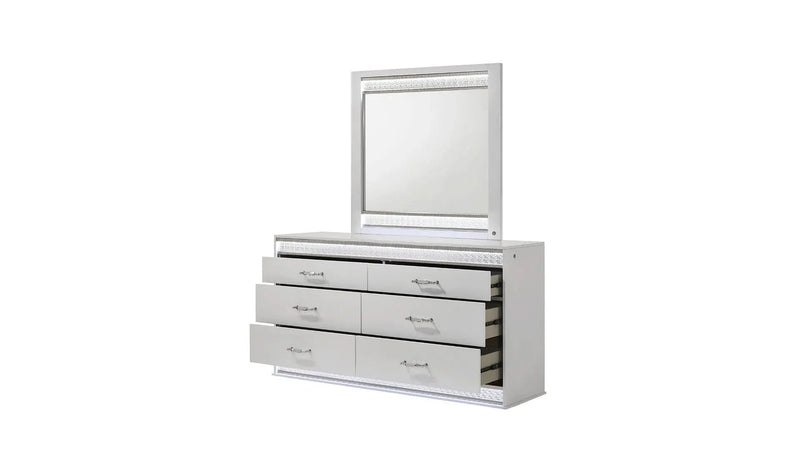 Queen Bedroom Set Wood & White LED Headboard 4-Piece Modern Finish