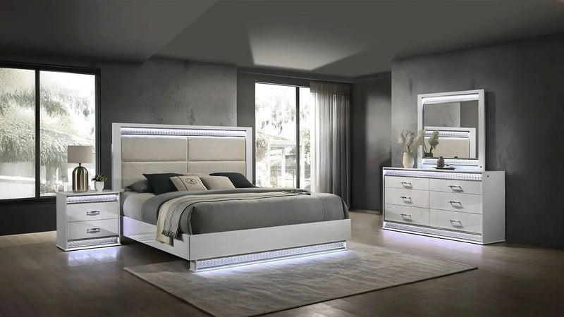 Queen Bedroom Set Wood & White LED Headboard 4-Piece Modern Finish