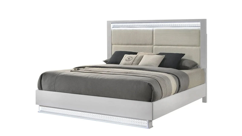 Queen Bedroom Set Solid Wood With LED Headboard White Gloss Finish Modern