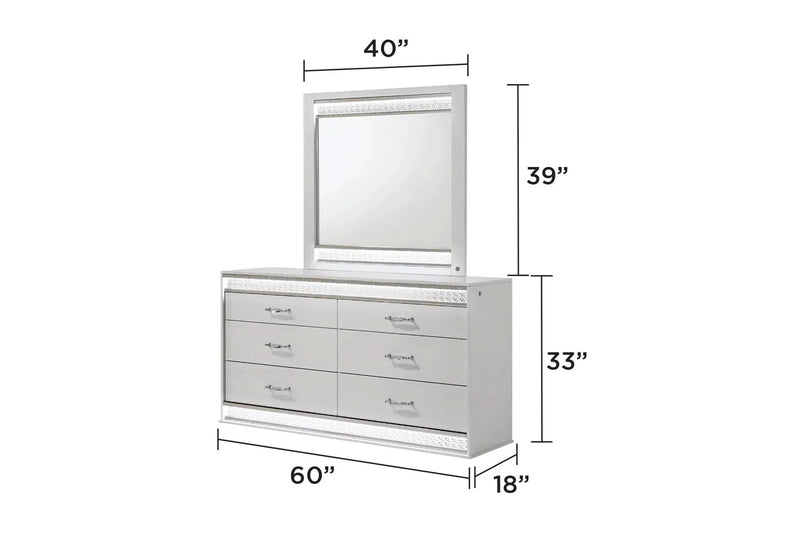Queen Bedroom Set Solid Wood With LED Headboard White Gloss Finish Modern