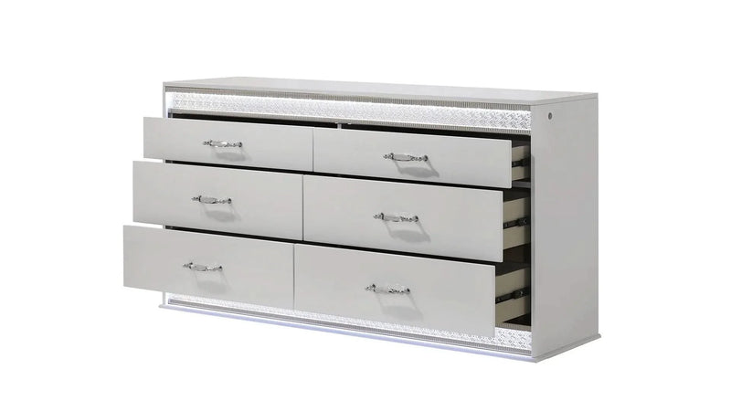 Queen Bedroom Set Solid Wood With LED Headboard White Gloss Finish Modern