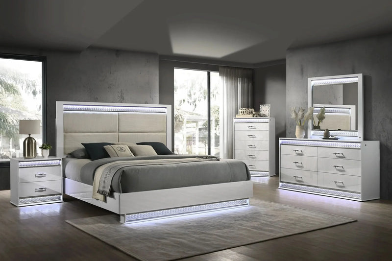Queen Bedroom Set Solid Wood With LED Headboard White Gloss Finish Modern