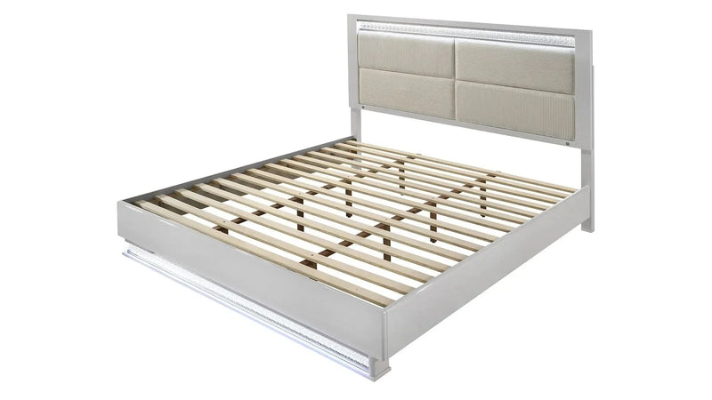 Queen Bedroom Set Solid Wood With LED Headboard White Gloss Finish Modern