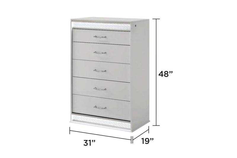 Queen Bedroom Set Solid Wood With LED Headboard White Gloss Finish Modern
