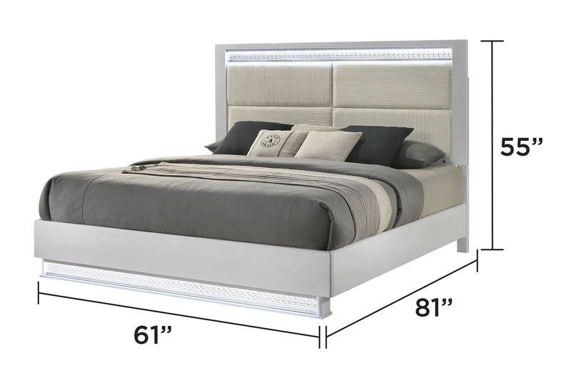 Queen Bedroom Set Solid Wood With LED Headboard White Gloss Finish Modern