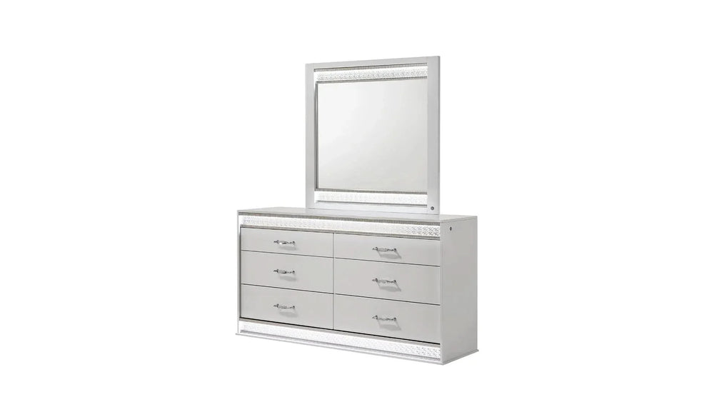 Queen Bedroom Set Solid Wood With LED Headboard White Gloss Finish Modern Media 15