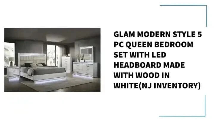 Queen Bedroom Set Solid Wood With LED Headboard White Gloss Finish Modern