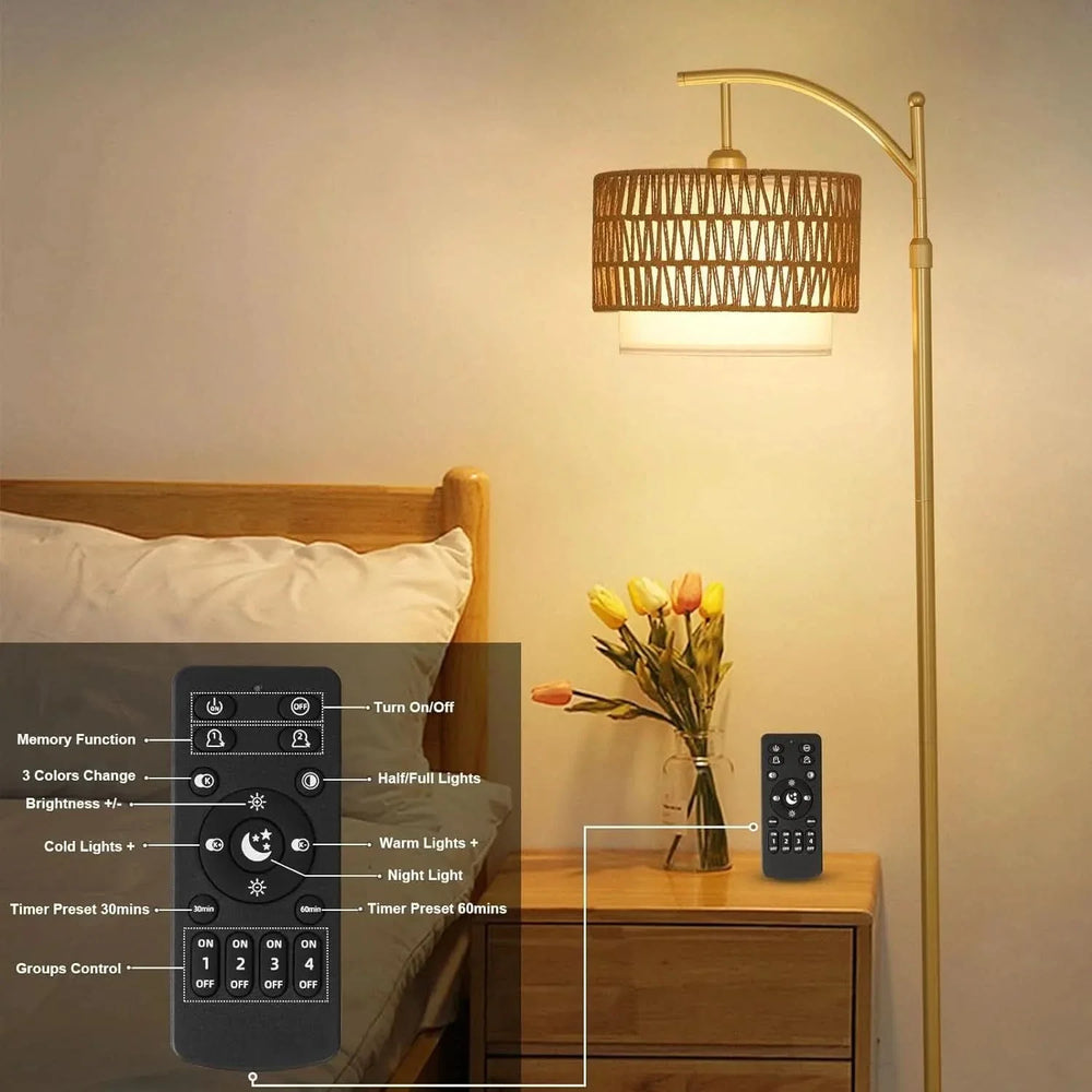 Gold Floor Lamp Rattan & Metal Boho Arc With Remote & Dimmable LED Media 7