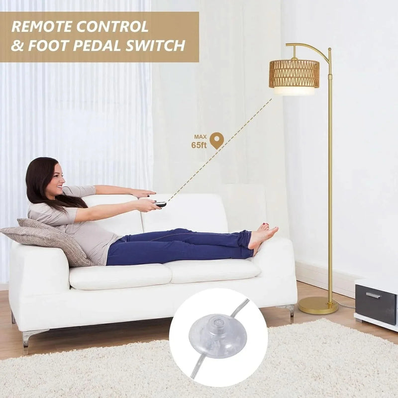 Gold Floor Lamp Rattan & Metal Boho Arc With Remote & Dimmable LED