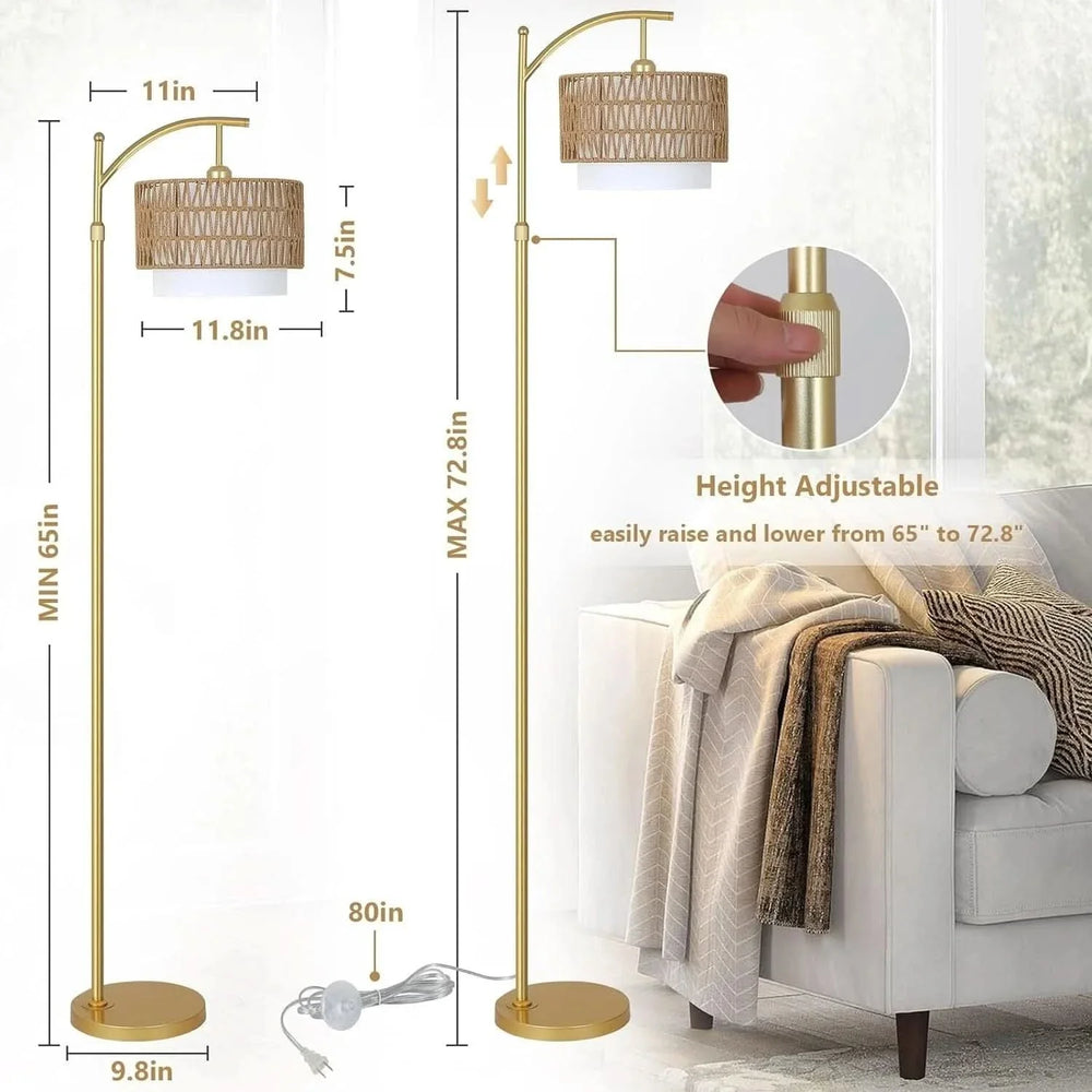 Gold Floor Lamp Rattan & Metal Boho Arc With Remote & Dimmable LED Media 2