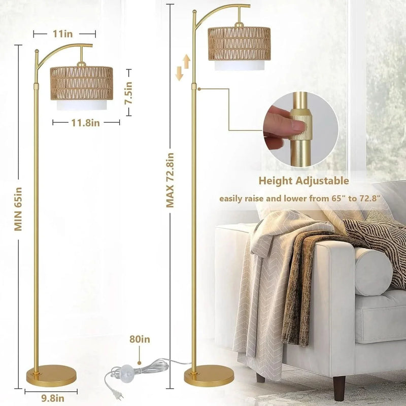 Gold Floor Lamp Rattan & Metal Boho Arc With Remote & Dimmable LED