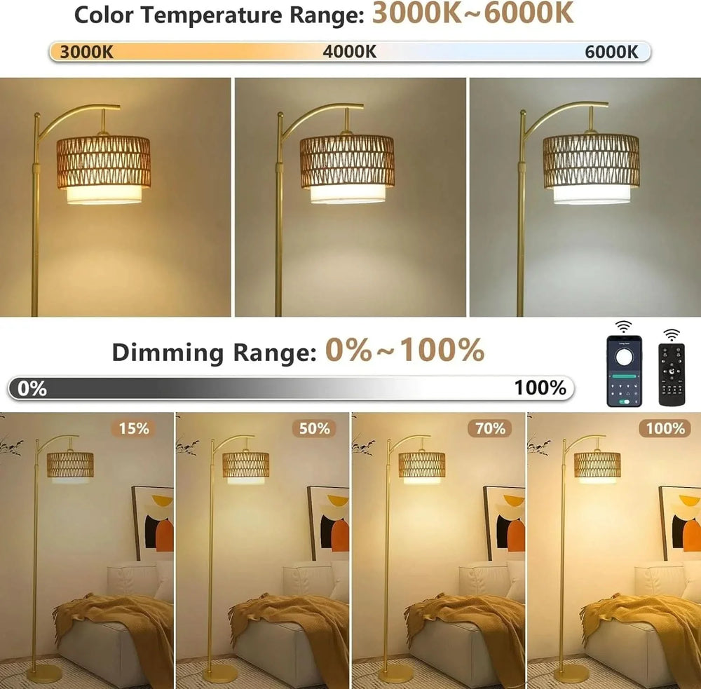 Gold Floor Lamp Rattan & Metal Boho Arc With Remote & Dimmable LED Media 5