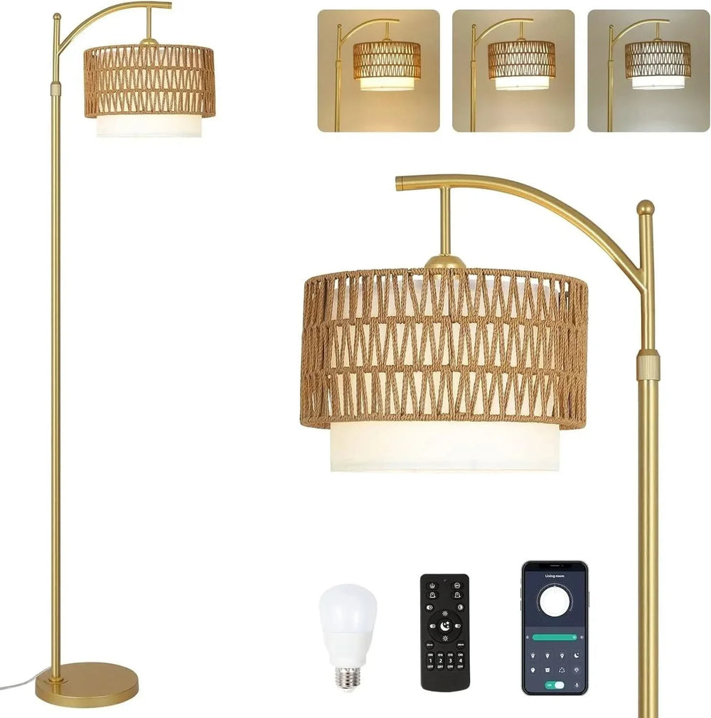 Gold Floor Lamp Rattan & Metal Boho Arc With Remote & Dimmable LED Media 1