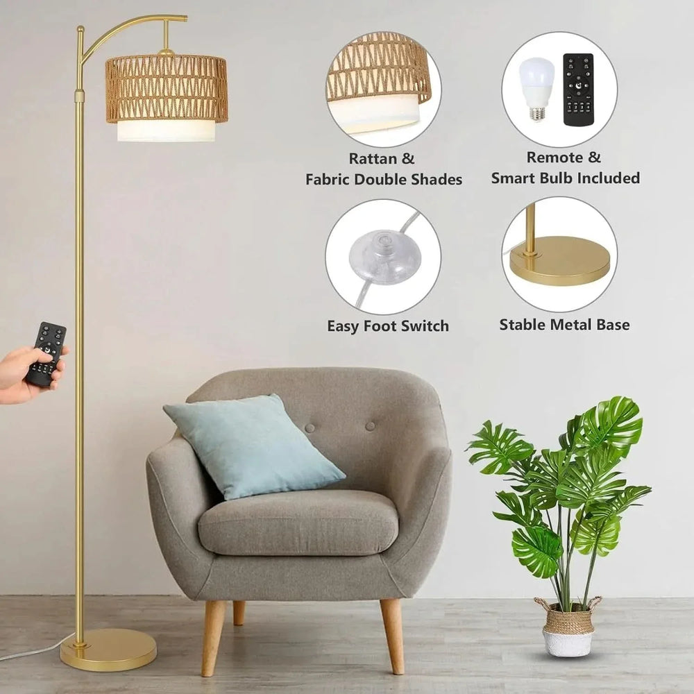 Gold Floor Lamp Rattan & Metal Boho Arc With Remote & Dimmable LED Media 4
