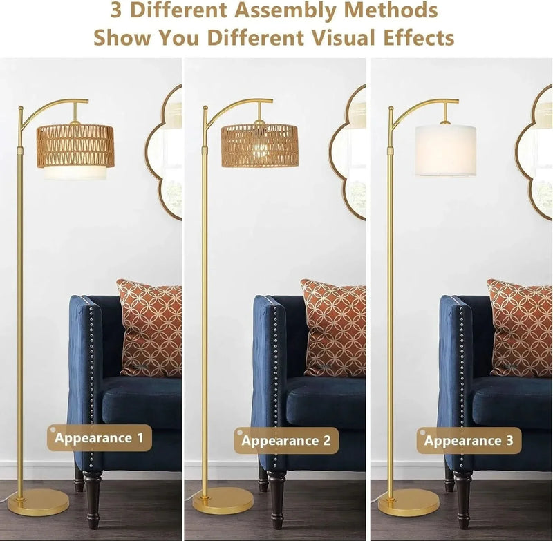 Gold Floor Lamp Rattan & Metal Boho Arc With Remote & Dimmable LED